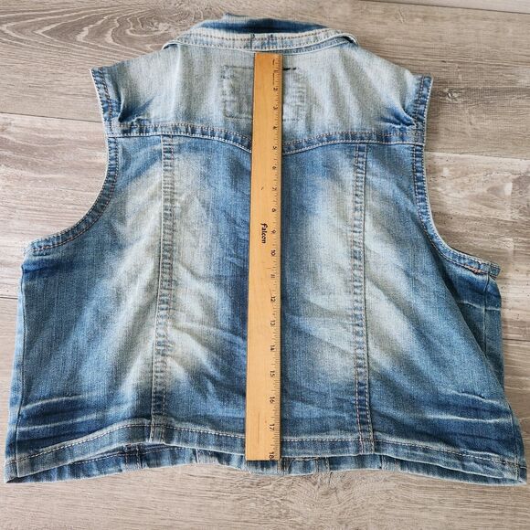 Bongo Rhinestone Pocket Vest Women XL Embellished Stretch Blue Denim Button Jean - Picture 10 of 11